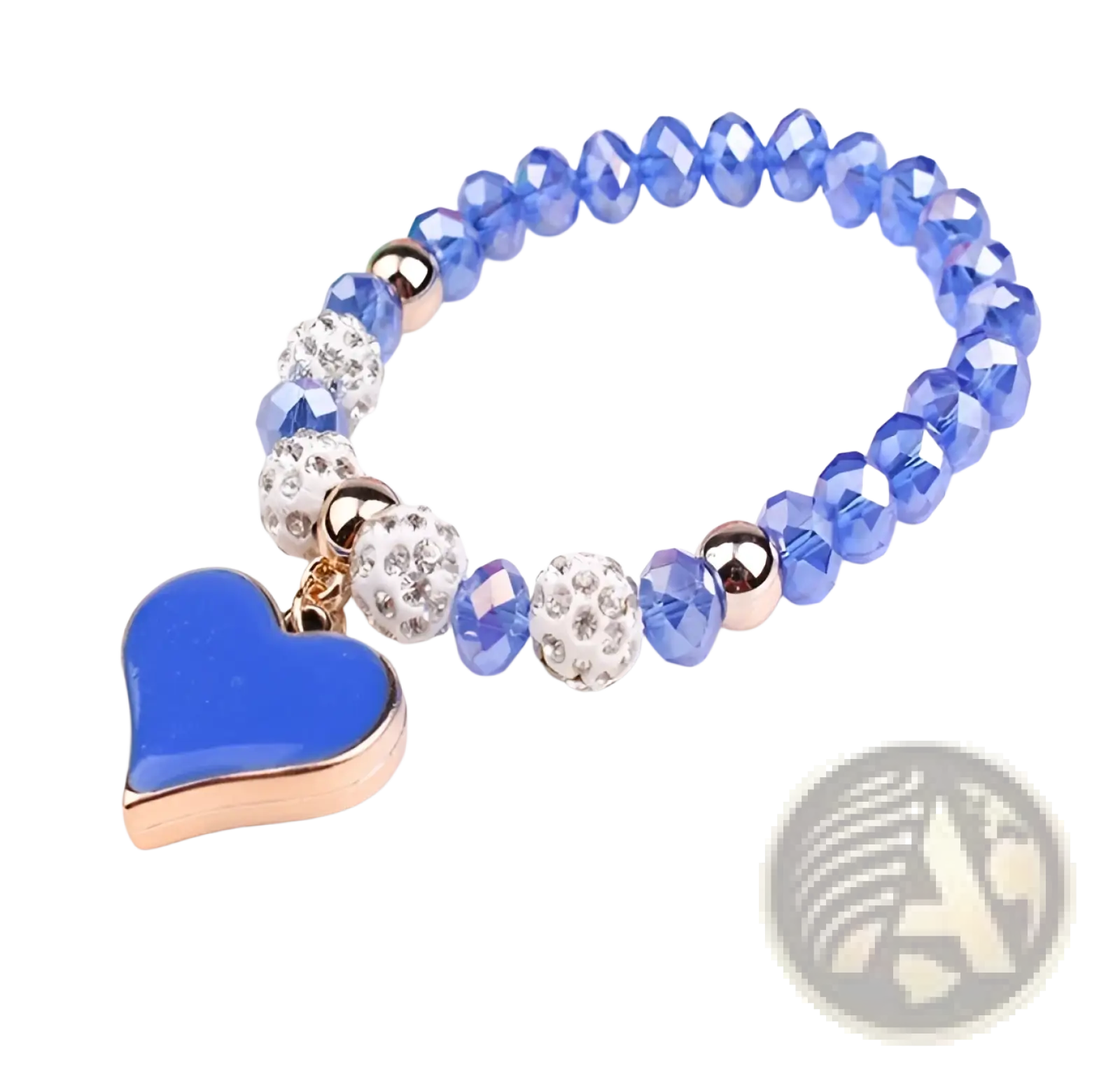 Elegant heart charm beaded elastic bracelet set featuring a blue heart pendant with gold edge and blue faceted beads