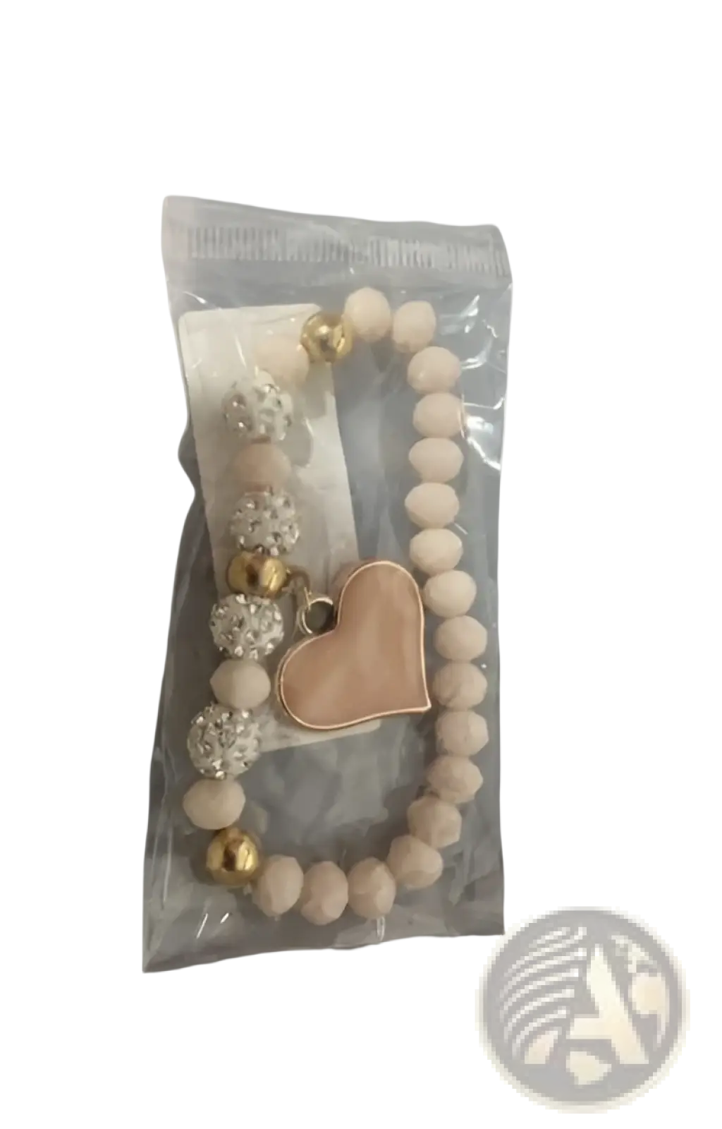 Elegant heart charm beaded elastic bracelet with beige beads, gold and crystal accents, and a peach heart pendant