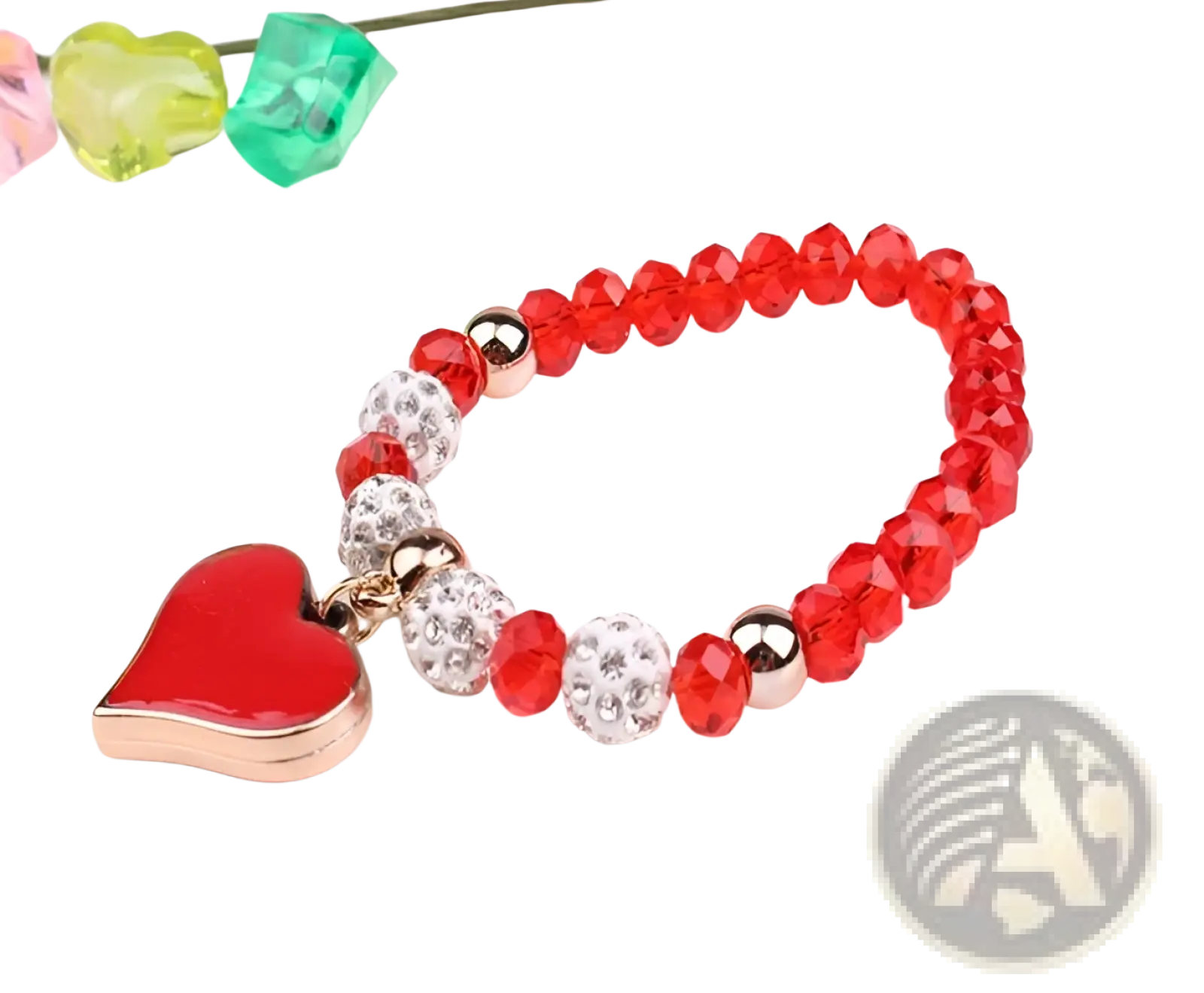 Red crystal bead bracelet with rose gold heart charm and silver rhinestone beads from elegant heart charm set