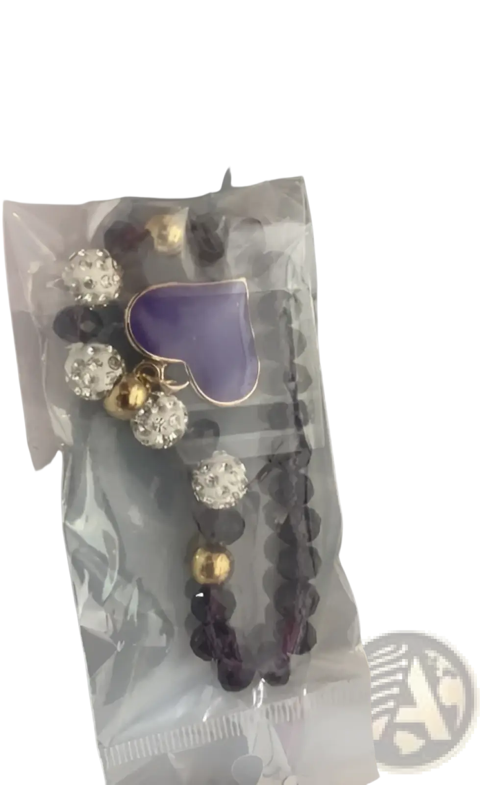 Elegant heart charm beaded elastic bracelet set with purple heart charm gold-tone edges and clear gold beads