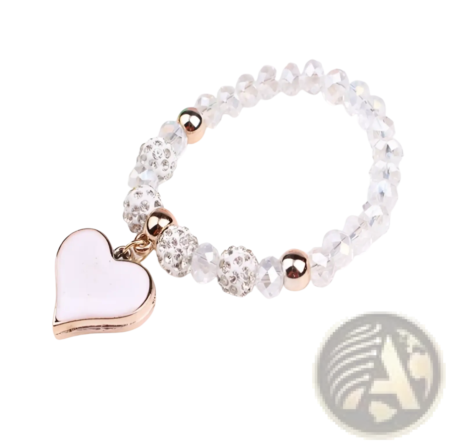 Elegant heart charm beaded elastic bracelet with clear faceted beads rose gold spheres and white enamel heart charm
