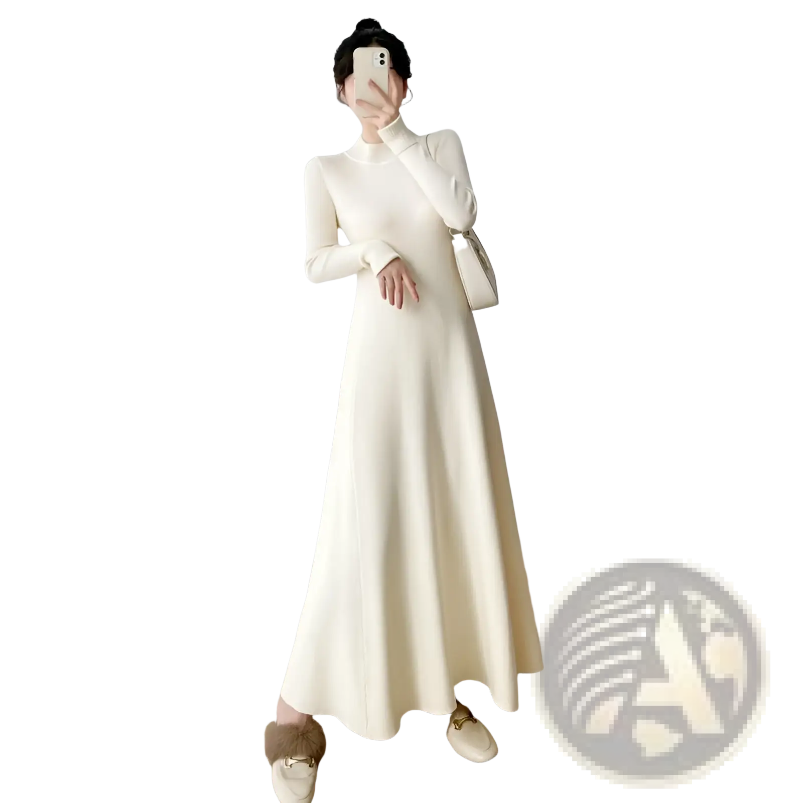 Off-white ribbed knit long sleeve midi dress with high neck for elegant and versatile wear