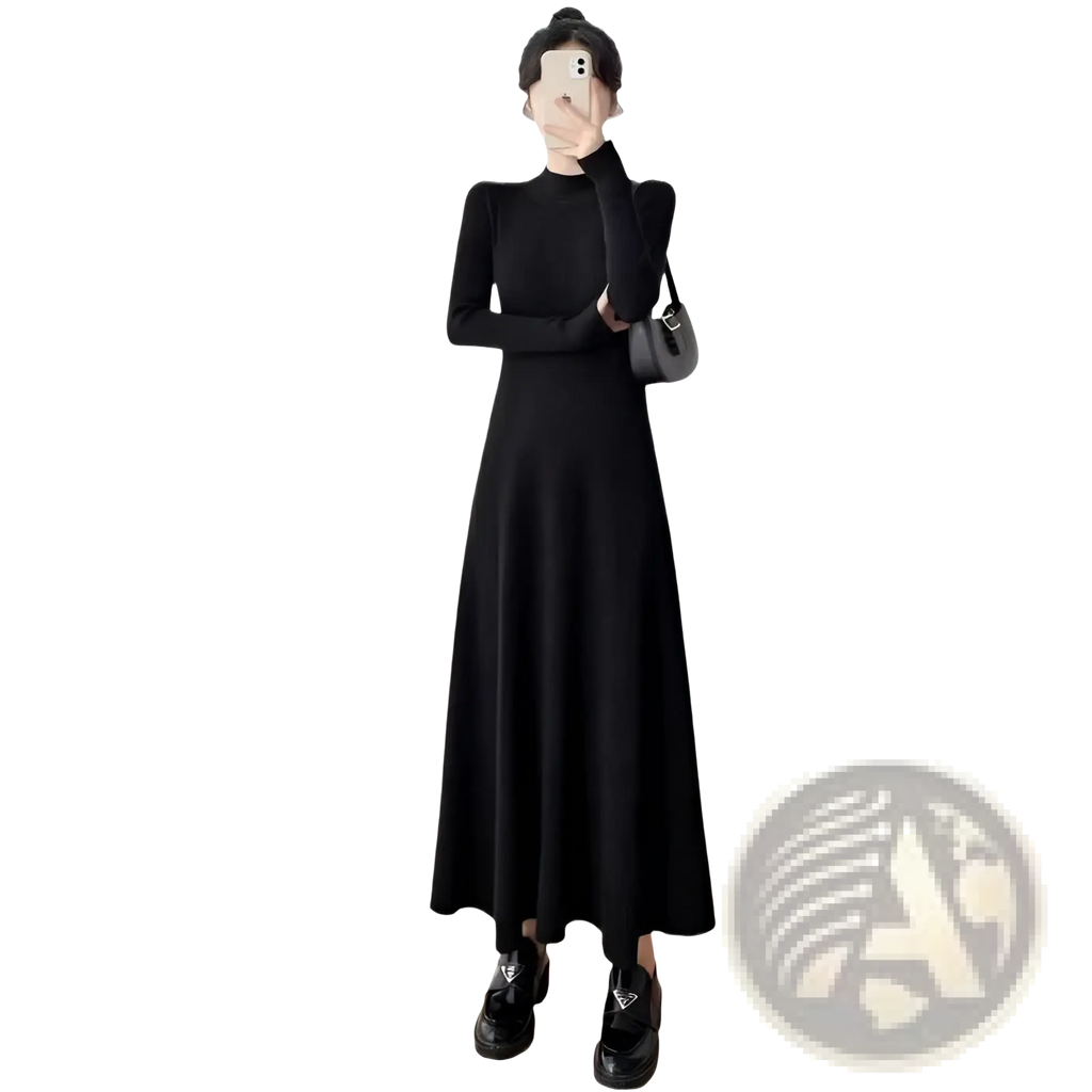 Black knit midi dress with high neck and long sleeves featuring an elegant fitted silhouette for formal occasions