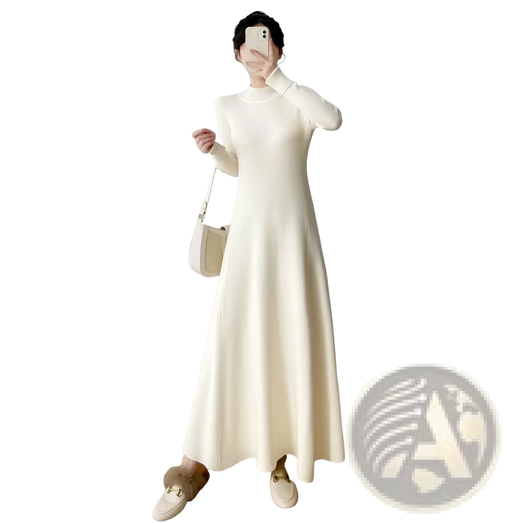 Cream-colored elegant high neck long sleeve knit midi dress in ribbed knit fabric suitable for formal occasions