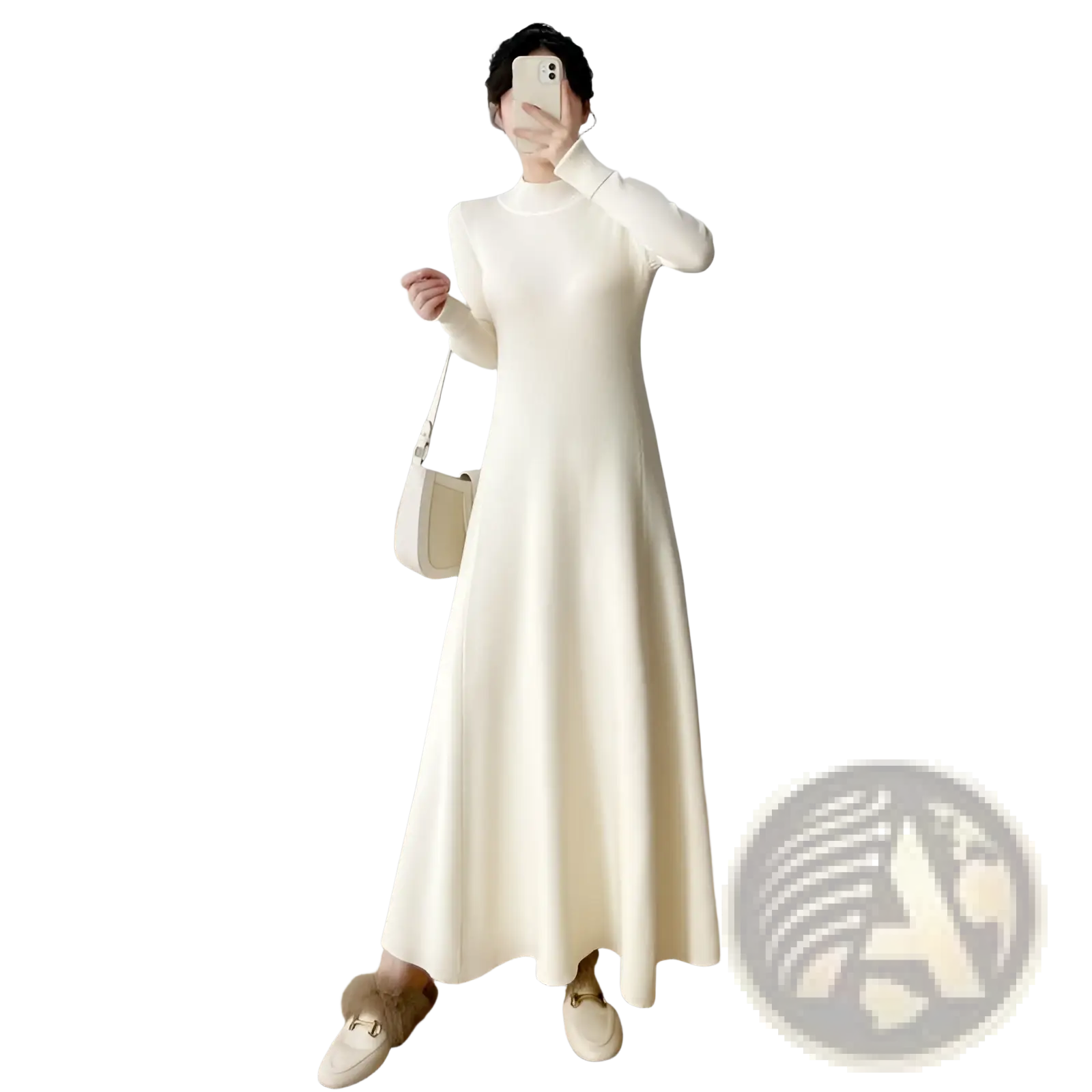 Cream-colored elegant high neck long sleeve knit midi dress in ribbed knit fabric suitable for formal occasions