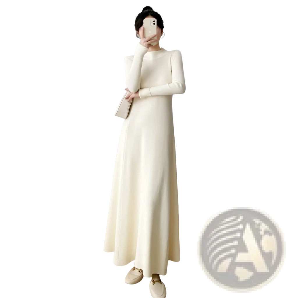 Elegant high neck long sleeve midi dress in cream ribbed knit with fitted silhouette and long sleeves