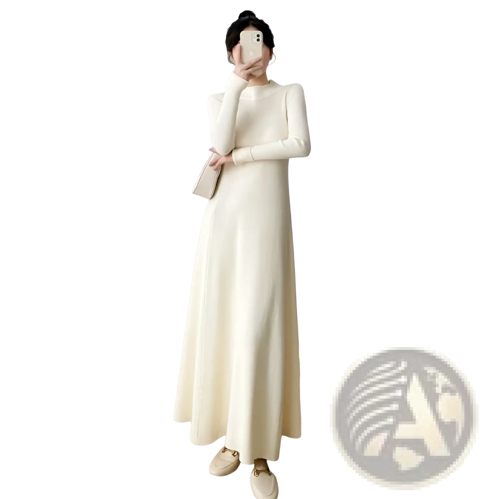 Elegant high neck long sleeve midi dress in cream ribbed knit with fitted silhouette and long sleeves