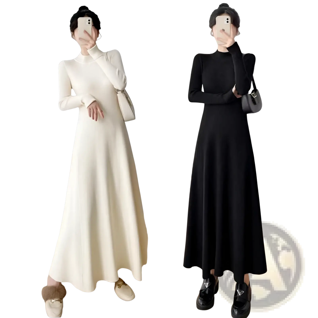A sleek elegant high neck long sleeve midi dress in cream and black knit fabric perfect for formal occasions