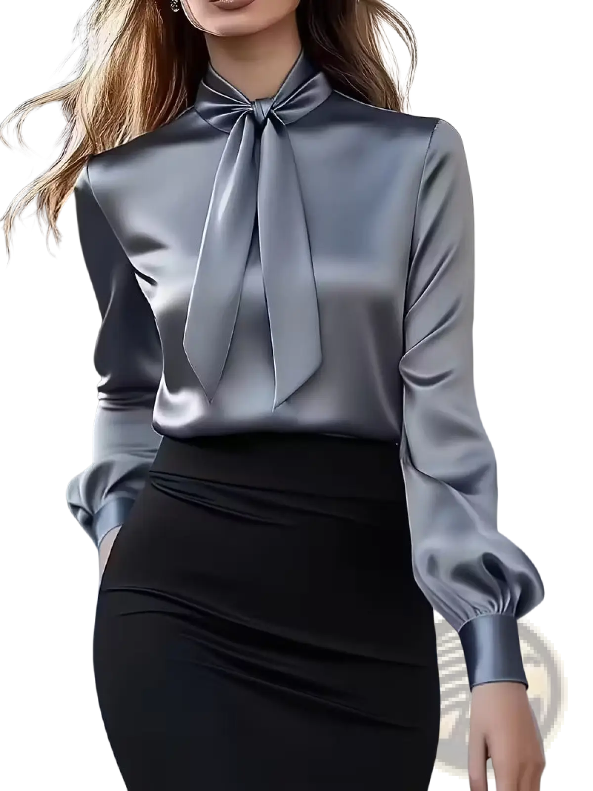 A sleek metallic gray satin blouse with a high neck and tied bow featuring elegant puff sleeves