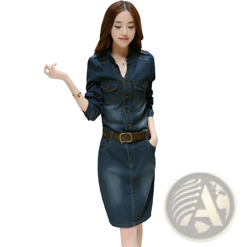Elegant high waist button down denim midi dress in dark blue with chest pockets and fitted waistband made of denim