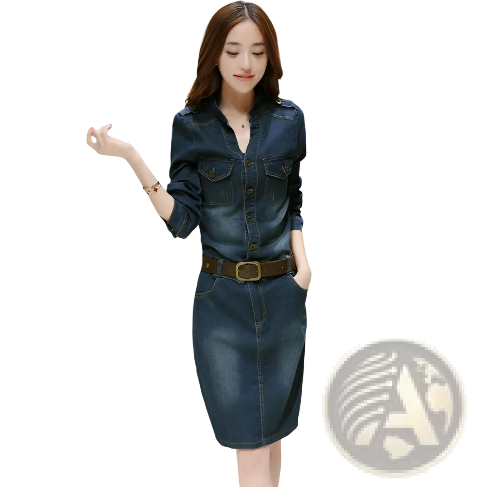 Elegant high waist button down denim midi dress in dark blue with chest pockets and fitted waistband made of denim