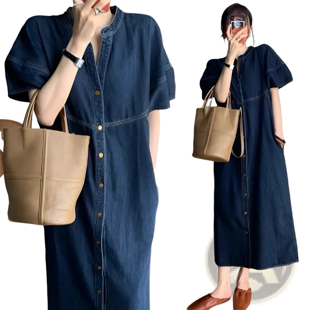 Elegant high waist button down denim midi dress with short sleeves and a relaxed fit in classic blue denim