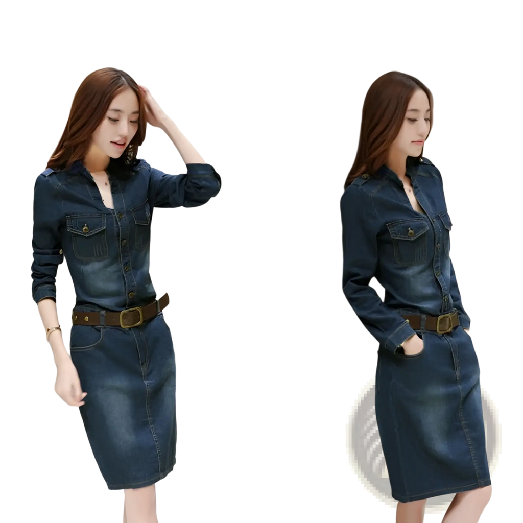 Dark blue denim midi shirt dress with button front chest pockets and brown belt for an elegant high waist look