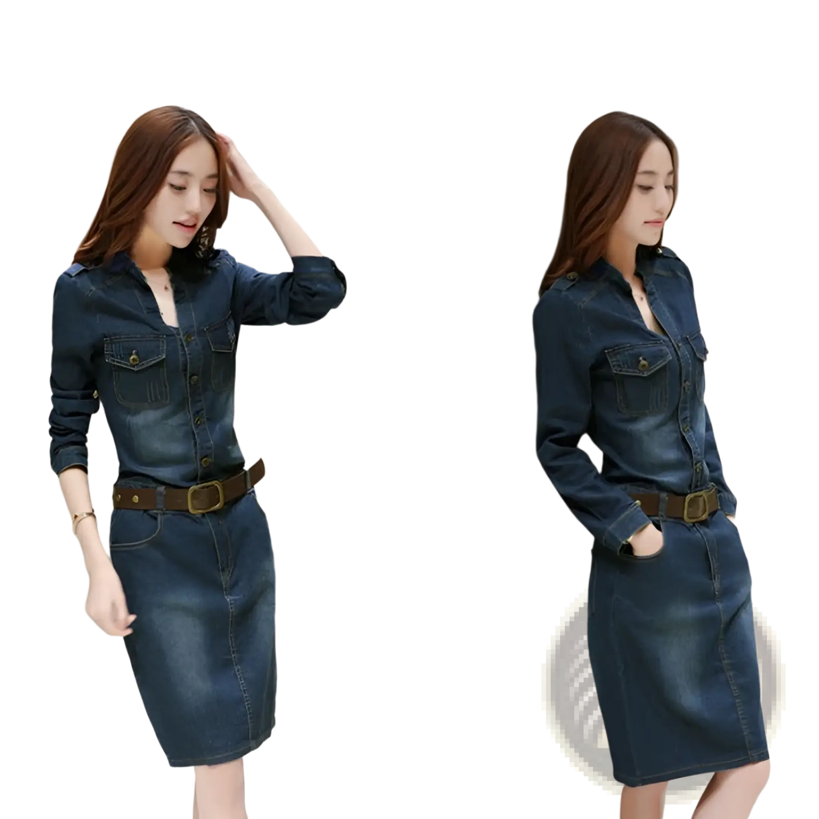 Dark blue denim midi shirt dress with button front chest pockets and brown belt for an elegant high waist look