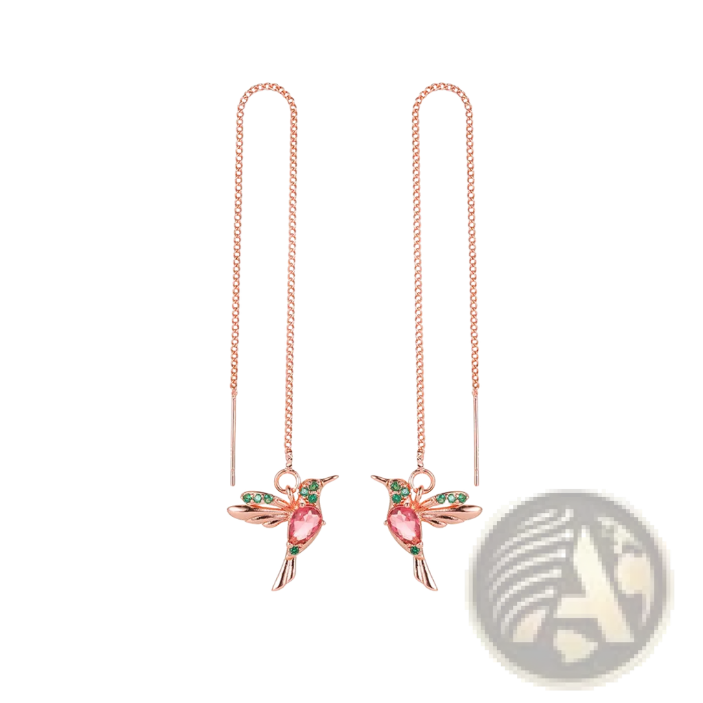 Rose gold hummingbird ear wires with pink and green gemstone accents for elegant crystal tassel drop earrings for women