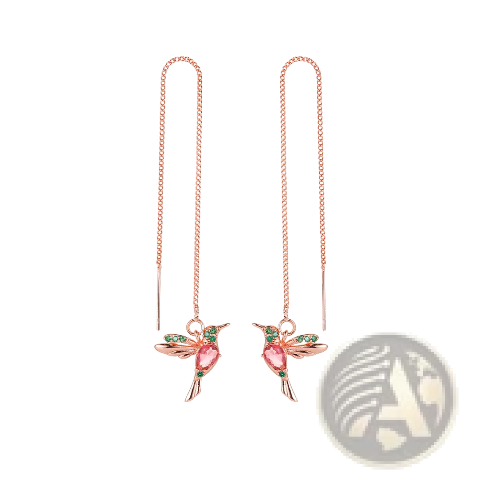 Rose gold hummingbird ear wires with pink and green gemstone accents for elegant crystal tassel drop earrings for women
