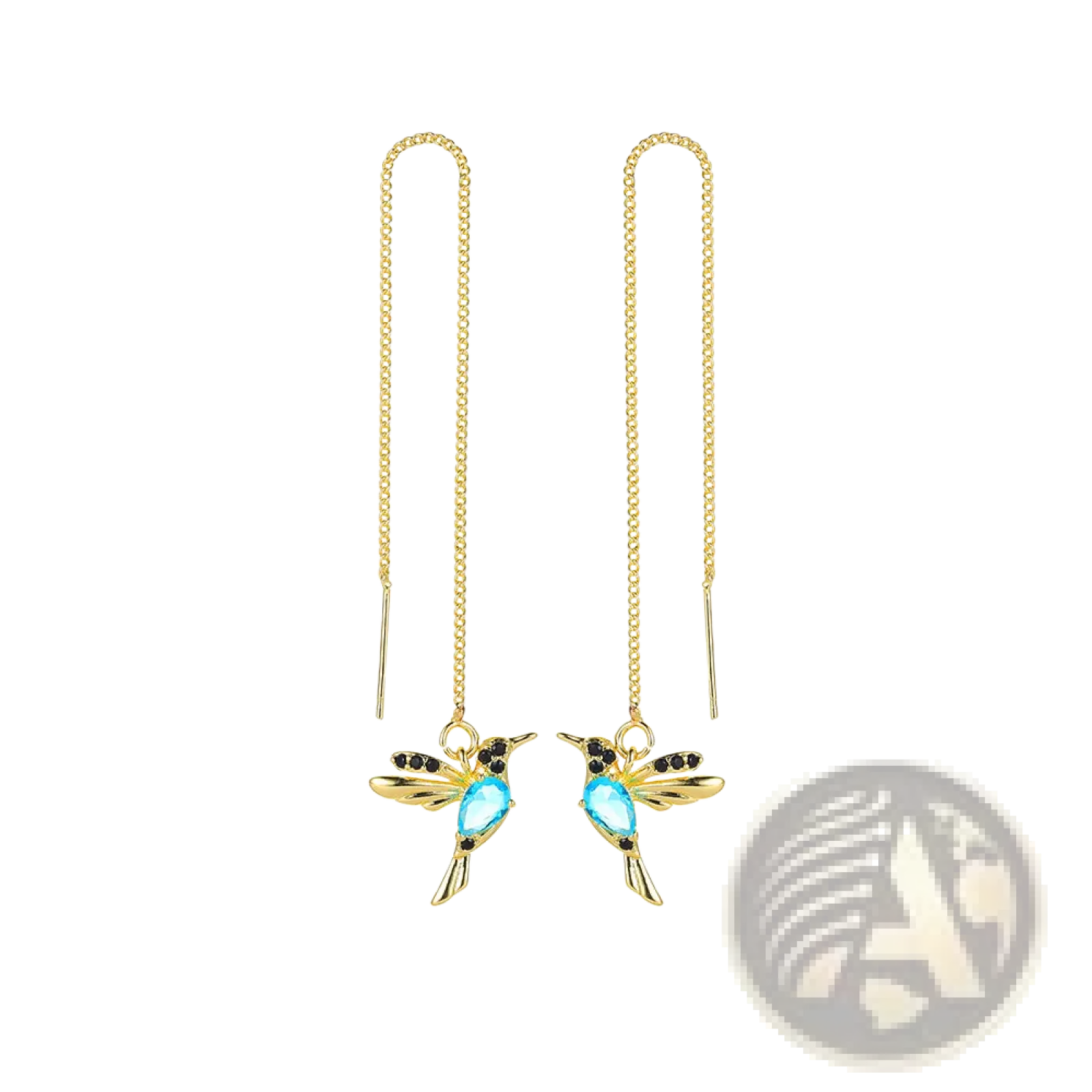 Elegant hummingbird crystal tassel drop earrings for women featuring gold ear wires with turquoise and black gemstones