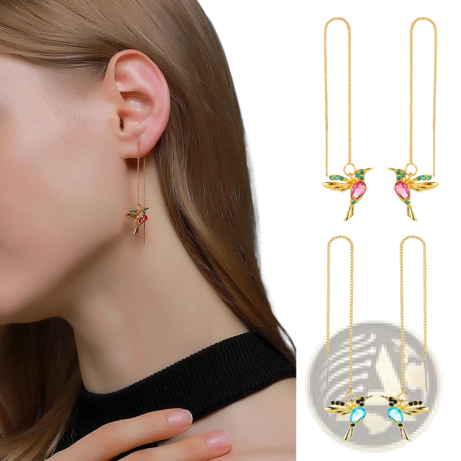Gold-colored hummingbird crystal tassel drop earrings for women with pink and green gemstone accents