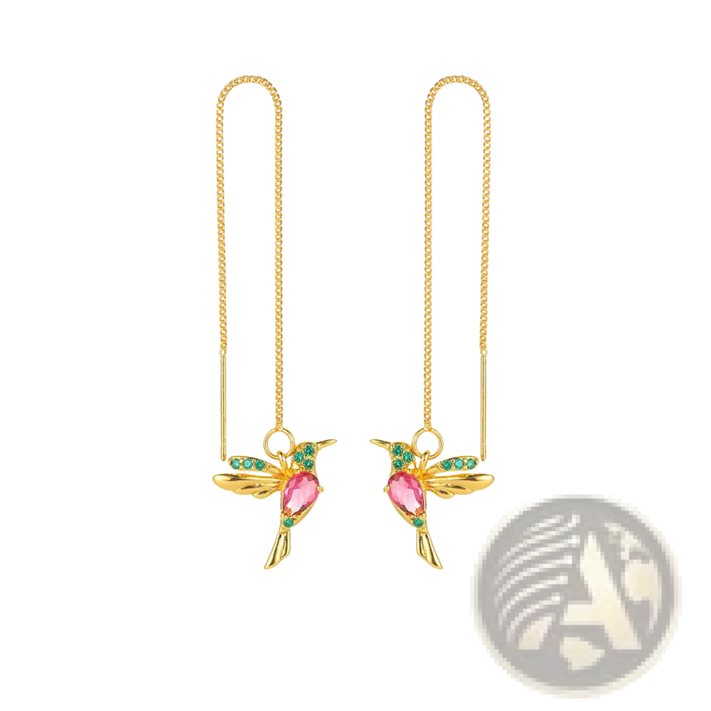 Gold-colored hummingbird ear cuffs with pink gemstone body and green accents in elegant crystal tassel drop earrings