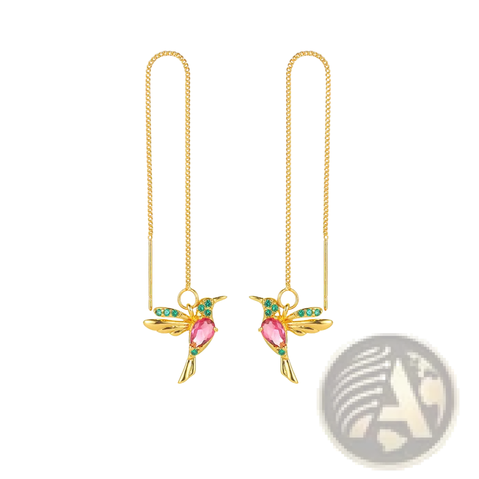 Gold-colored hummingbird ear cuffs with pink gemstone body and green accents in elegant crystal tassel drop earrings