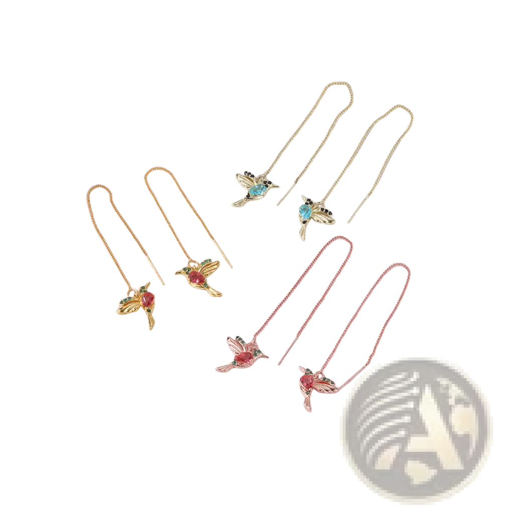 Elegant hummingbird crystal tassel drop earrings in gold and rose gold with colorful gemstones for women