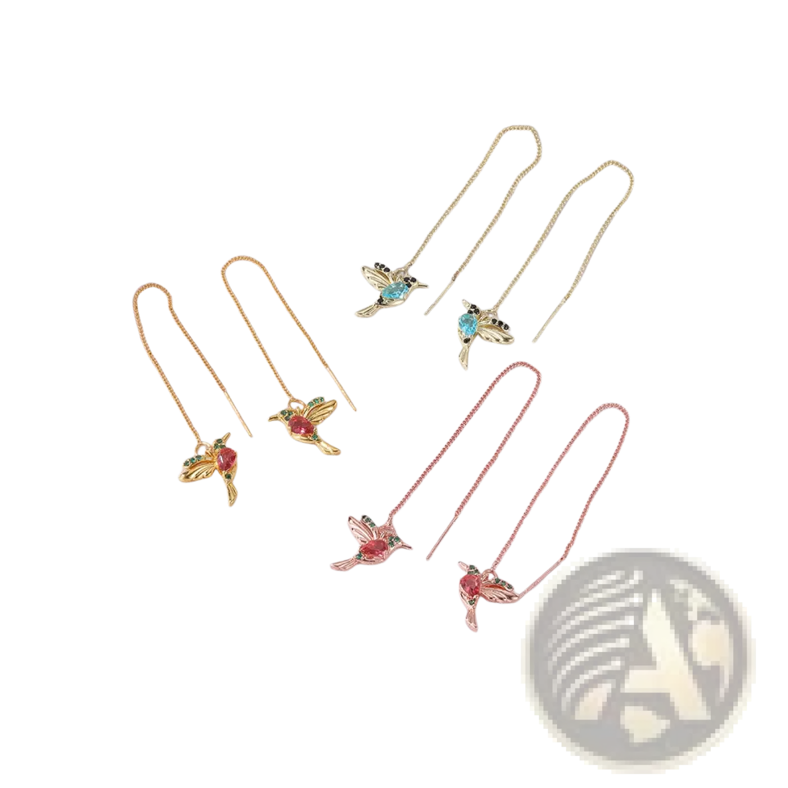 Elegant hummingbird crystal tassel drop earrings in gold and rose gold with colorful gemstones for women