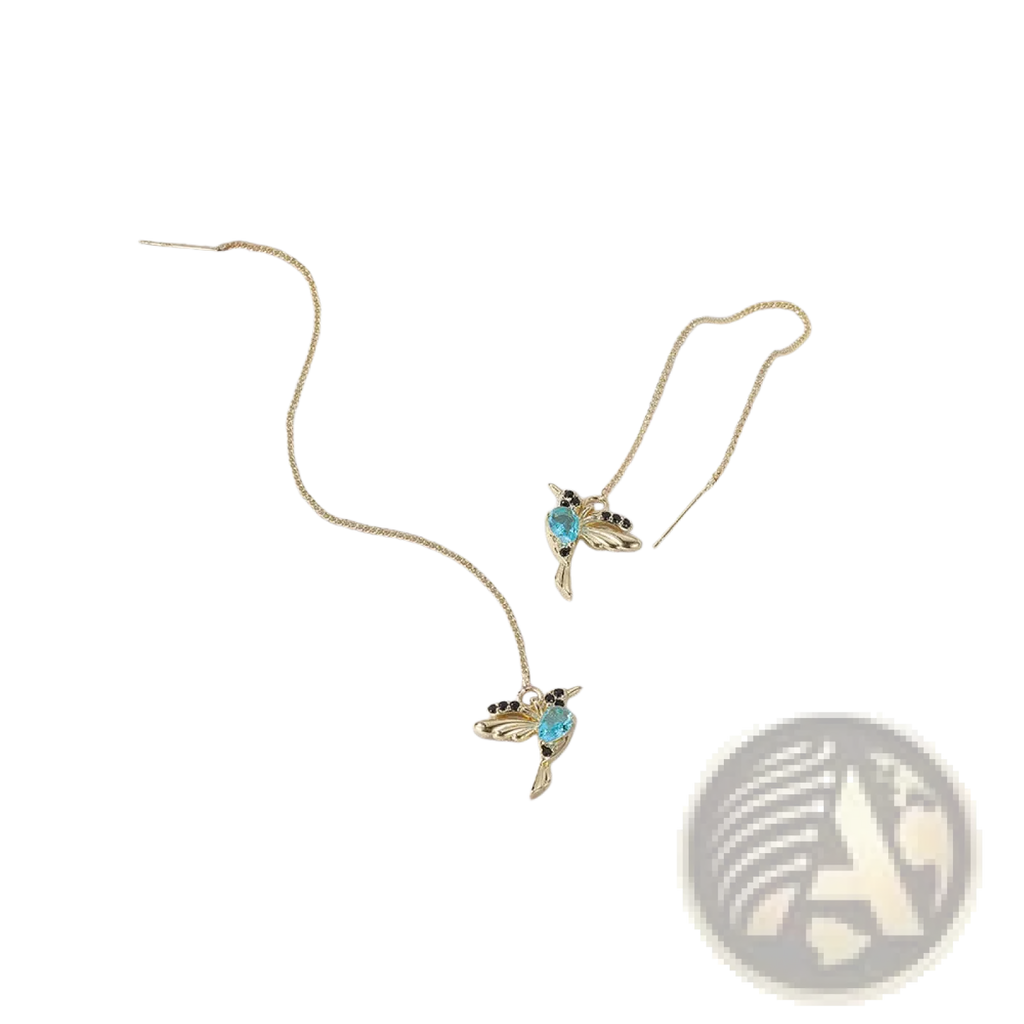 Elegant hummingbird crystal tassel drop earrings for women in gold tone with central blue gemstone and black accents