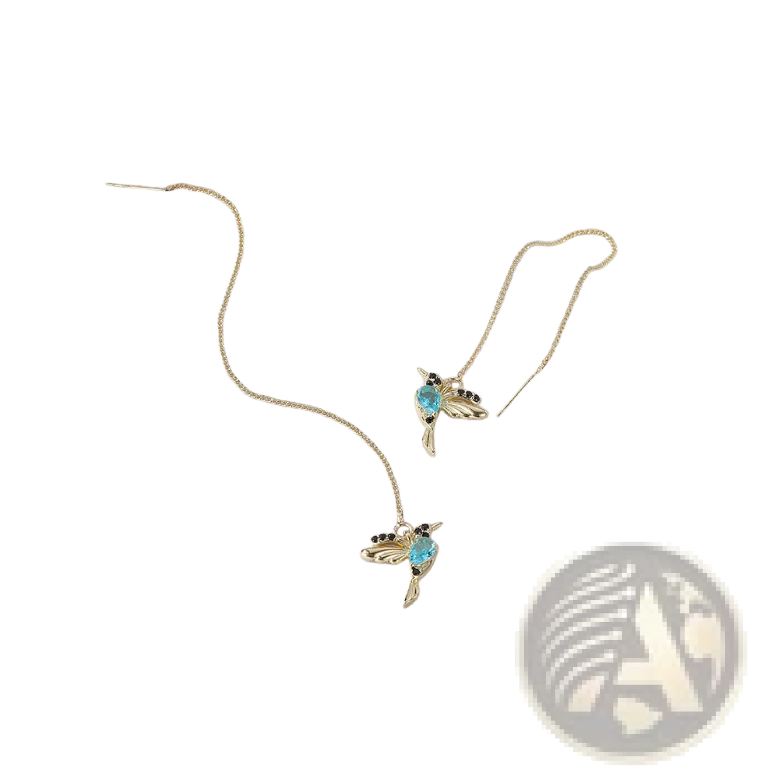 Elegant hummingbird crystal tassel drop earrings for women in gold tone with central blue gemstone and black accents