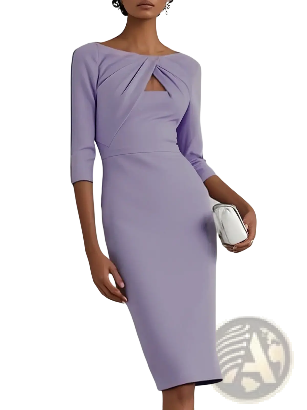 Lavender elegant knotted neckline midi dress with three quarter sleeves and a slimming form fitting silhouette