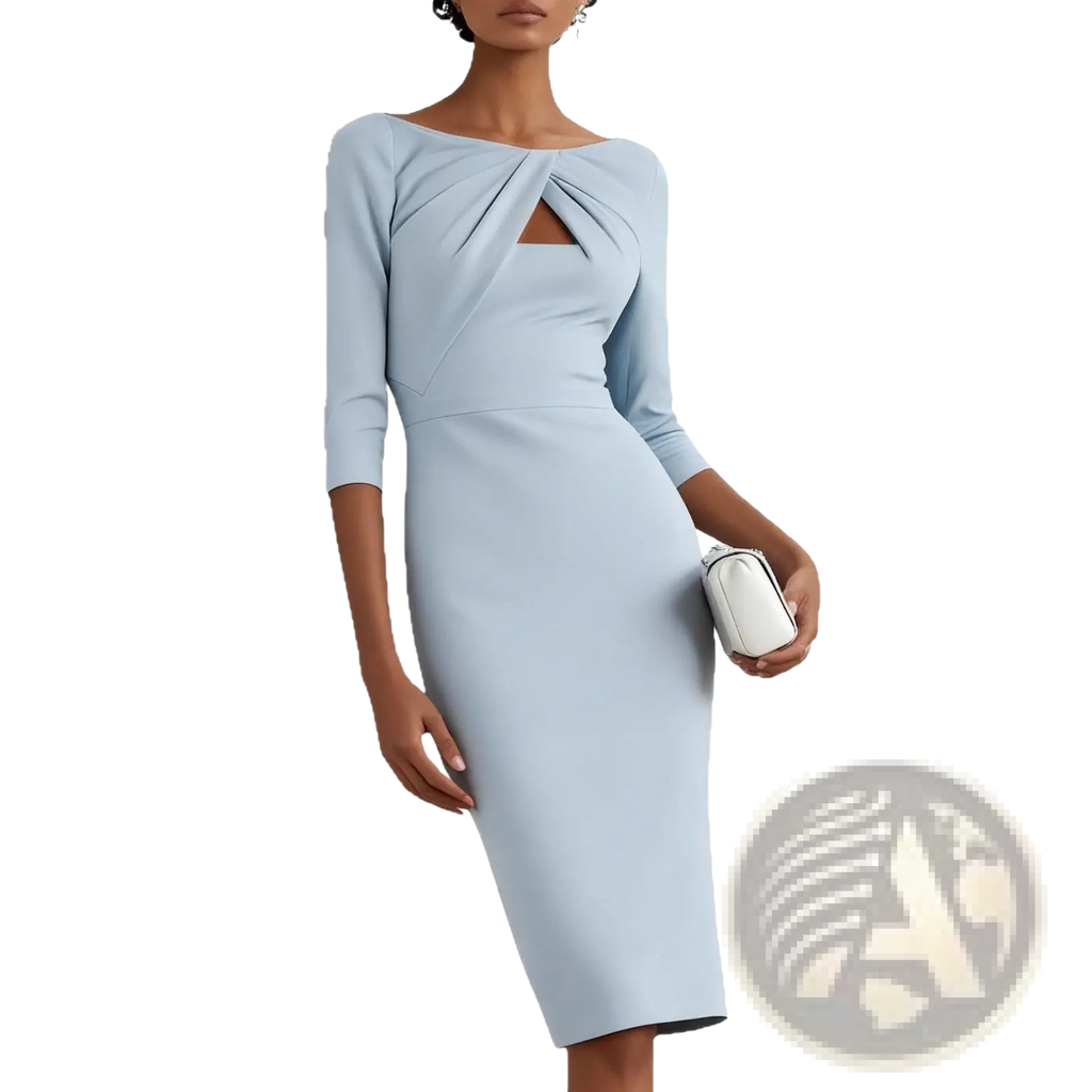 Elegant knotted neckline slimming midi dress in light blue with three quarter sleeves and form fitting design