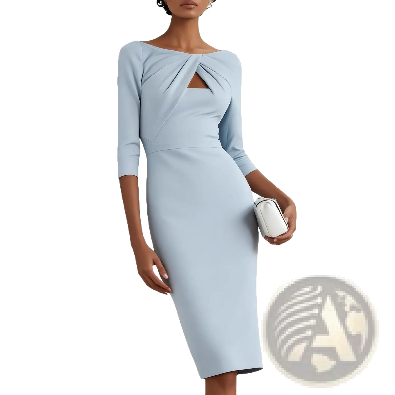 Elegant knotted neckline slimming midi dress in light blue with three quarter sleeves and form fitting design