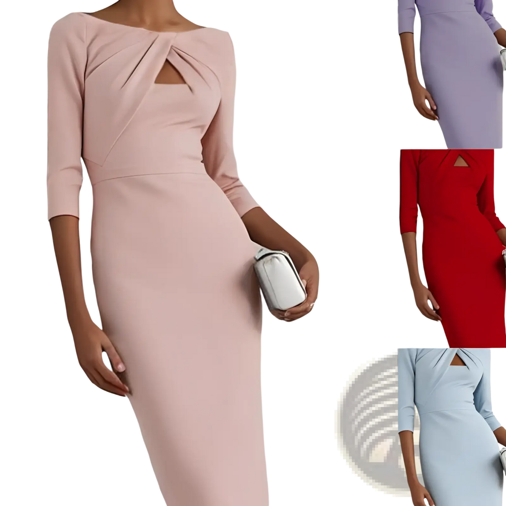 A sleek blush pink sheath dress with three-quarter sleeves and a distinctive knotted neckline detail