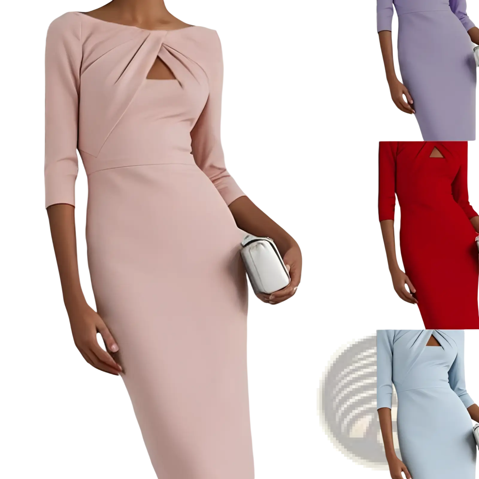 A sleek blush pink sheath dress with three-quarter sleeves and a distinctive knotted neckline detail