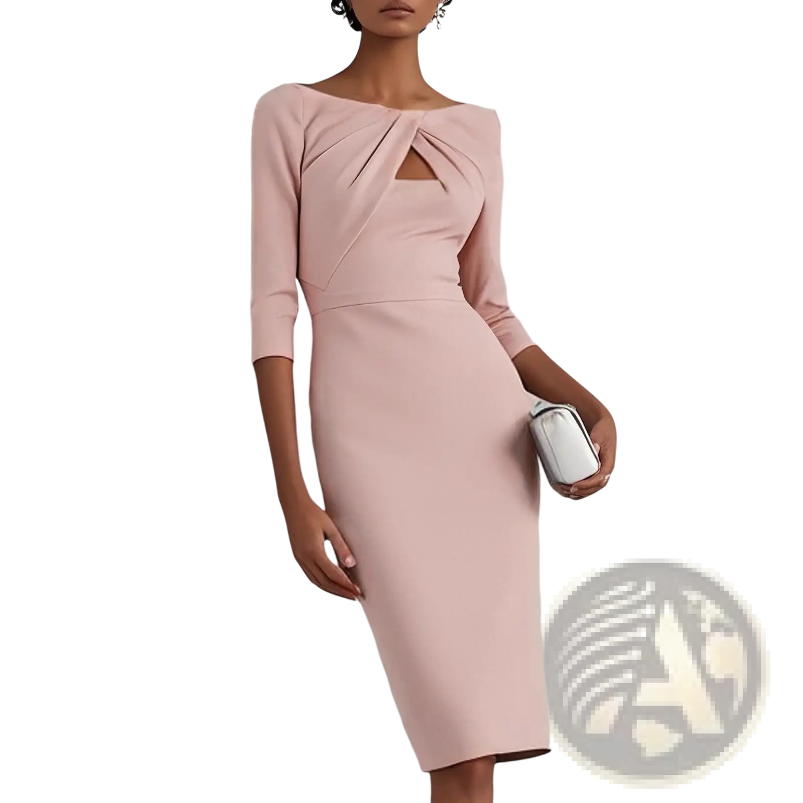 Elegant soft pink slimming midi dress with knotted neckline and three-quarter sleeves in form-fitting fabric