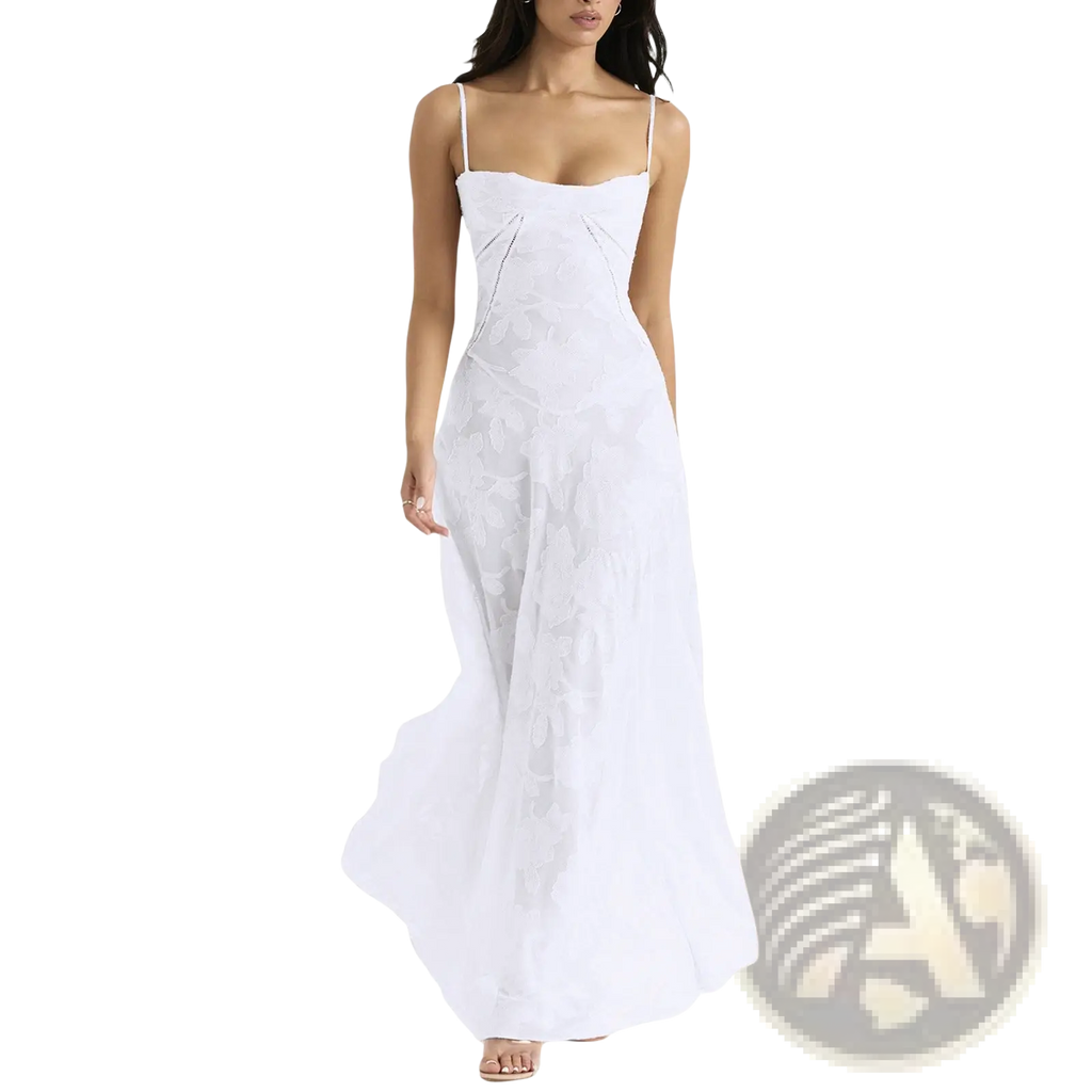 White spaghetti strap maxi dress with delicate lace floral embroidery and flowing lightweight fabric for elegant wear