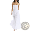 White spaghetti strap maxi dress with delicate lace floral embroidery and flowing lightweight fabric for elegant wear
