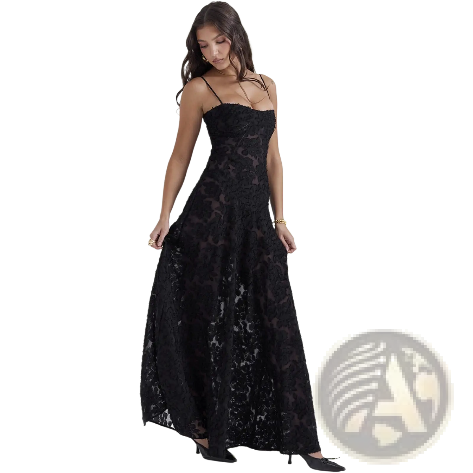 Elegant black lace embroidery maxi dress with delicate floral patterns and thin spaghetti straps for formal occasions
