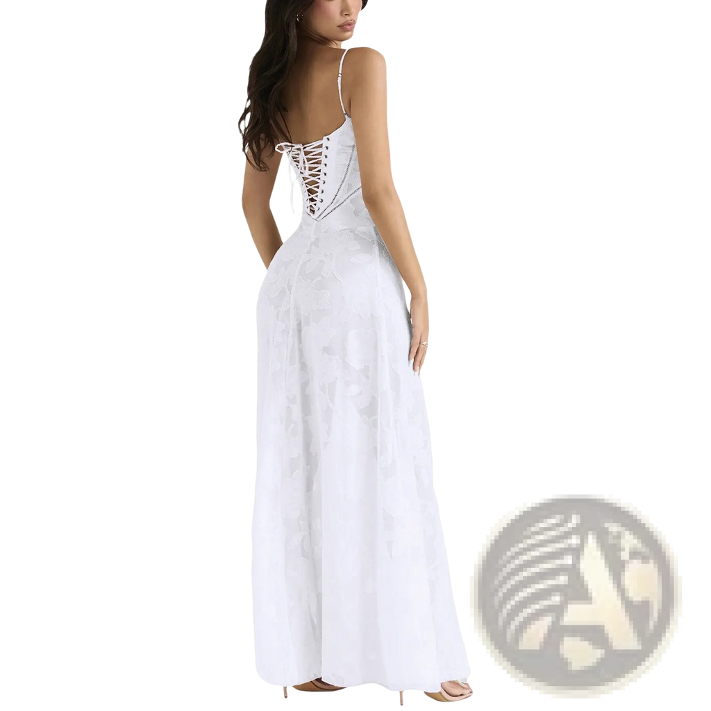 Elegant lace embroidery white maxi dress with spaghetti straps and delicate lace-up detailing on the back side