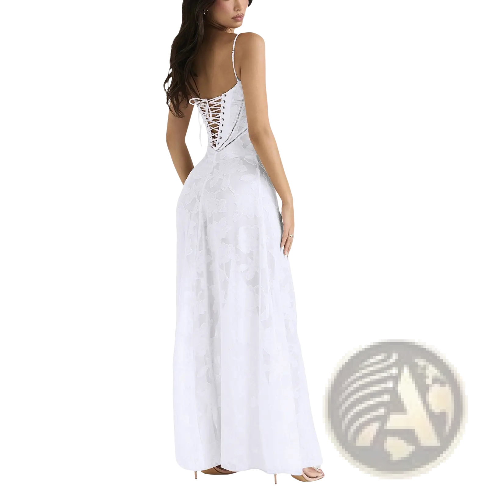Elegant lace embroidery white maxi dress with spaghetti straps and delicate lace-up detailing on the back side