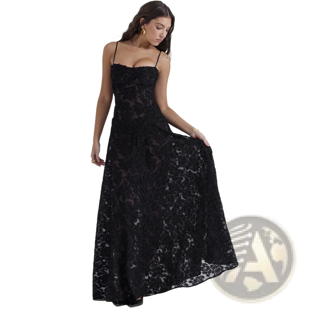 Elegant black lace embroidery maxi dress with delicate floral patterns and thin spaghetti straps