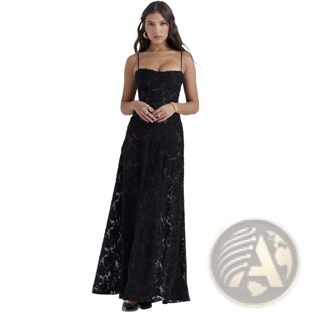 Black lace strapless maxi dress with floral embroidery and a fitted bodice from elegant lace embroidery collection