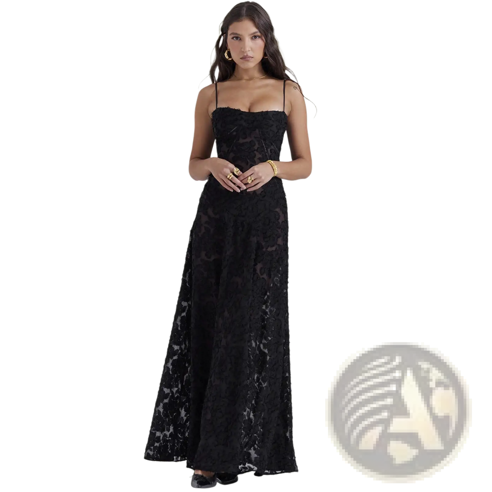 Black lace strapless maxi dress with floral embroidery and a fitted bodice from elegant lace embroidery collection