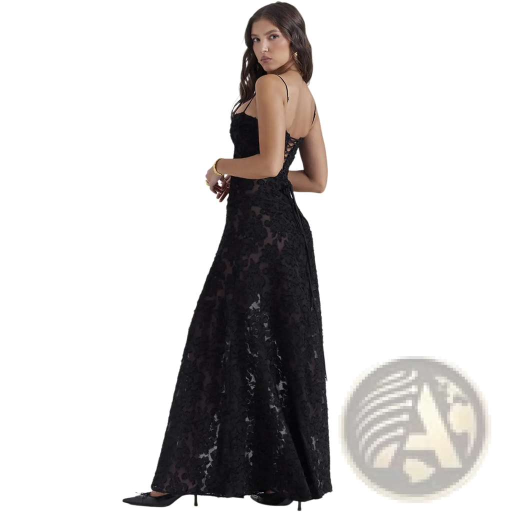 Elegant black lace embroidery maxi dress with delicate floral patterns and thin spaghetti straps