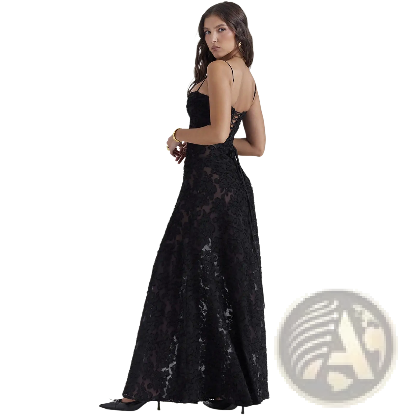 Elegant black lace embroidery maxi dress with delicate floral patterns and thin spaghetti straps