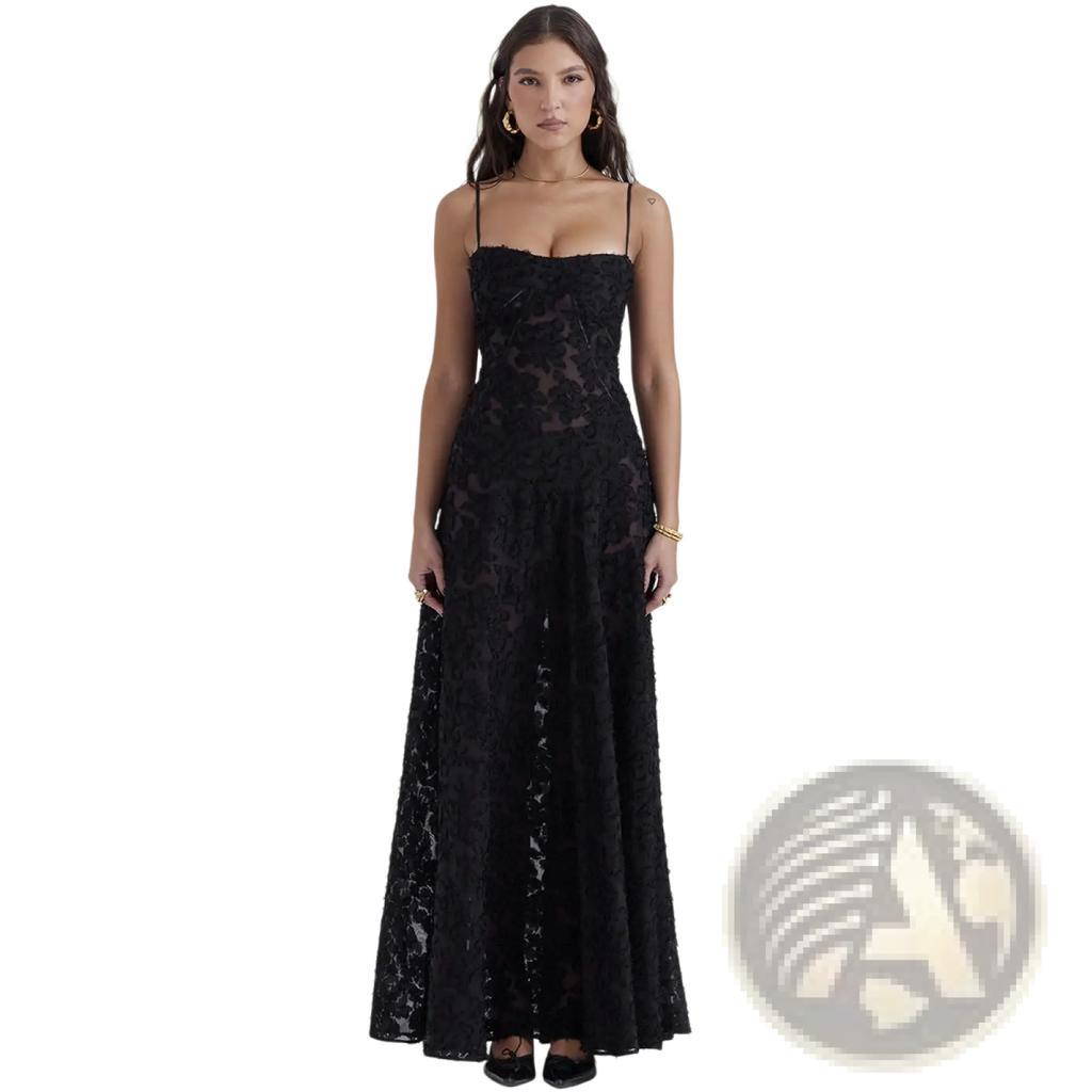 Black lace spaghetti strap maxi dress with fitted bodice and flowing skirt featuring elegant lace embroidery