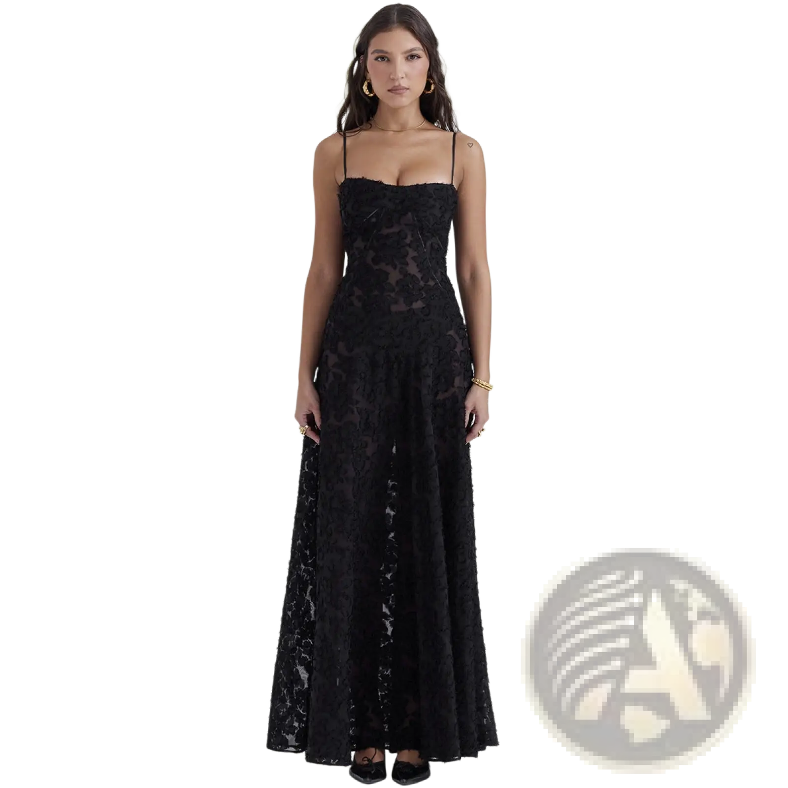 Black lace spaghetti strap maxi dress with fitted bodice and flowing skirt featuring elegant lace embroidery