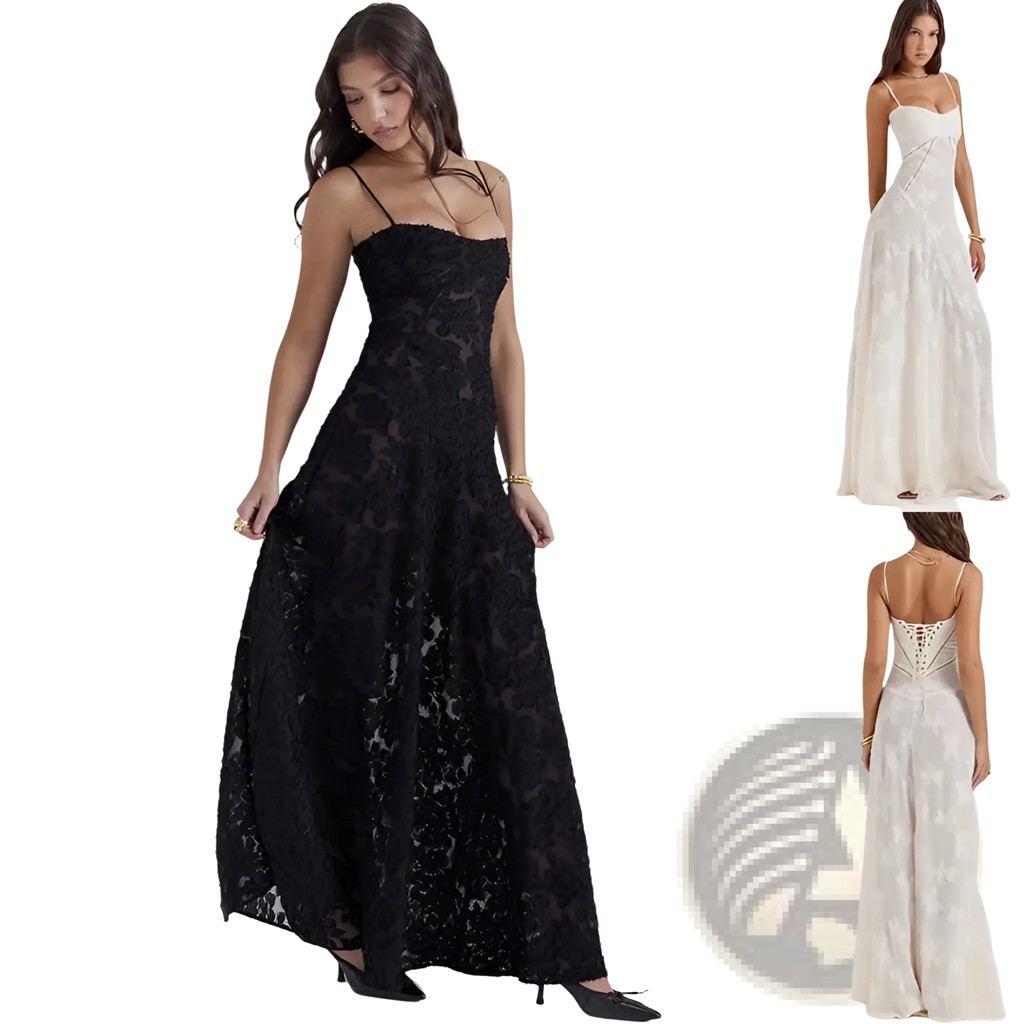 Black lace embroidery spaghetti strap maxi dress showcasing elegant detailing and a flattering silhouette