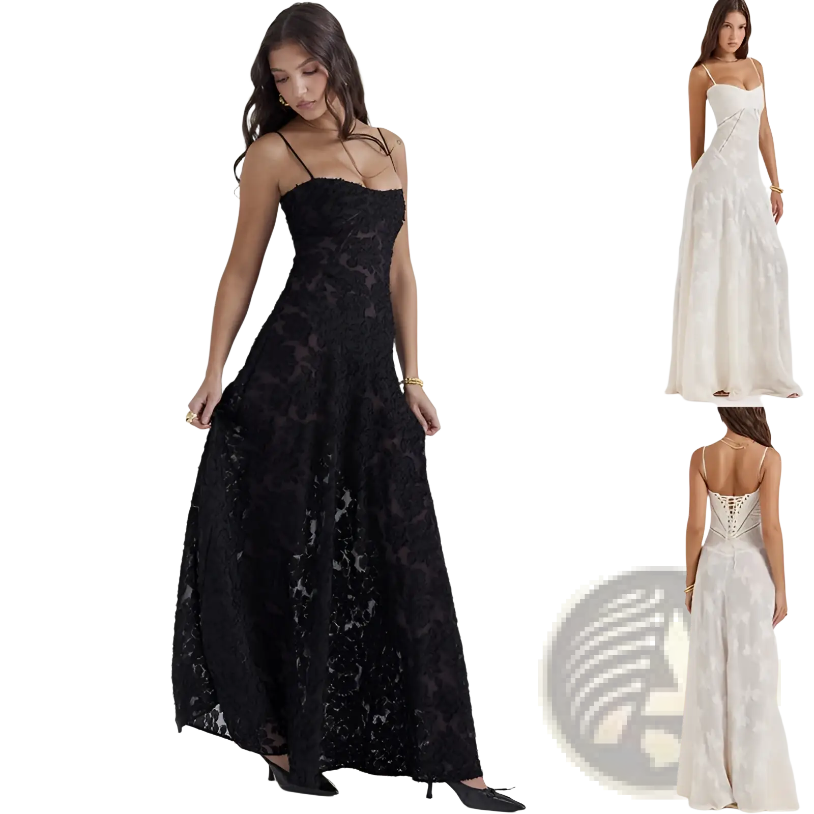 Black lace embroidery spaghetti strap maxi dress showcasing elegant detailing and a flattering silhouette