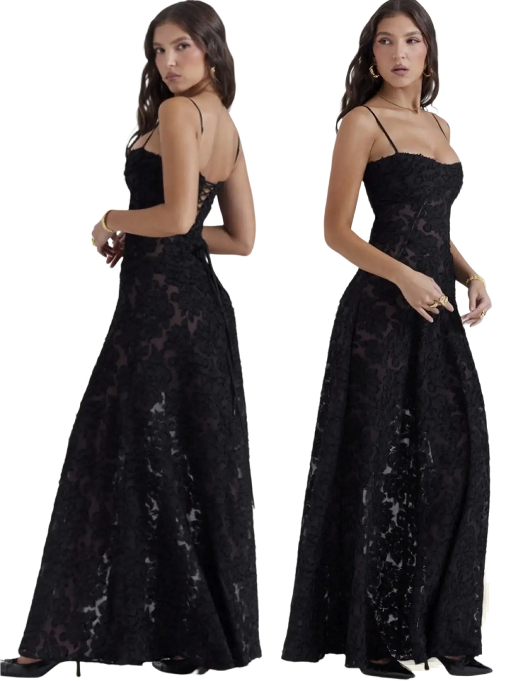 Black lace maxi dress with thin spaghetti straps and fitted bodice featuring elegant lace embroidery