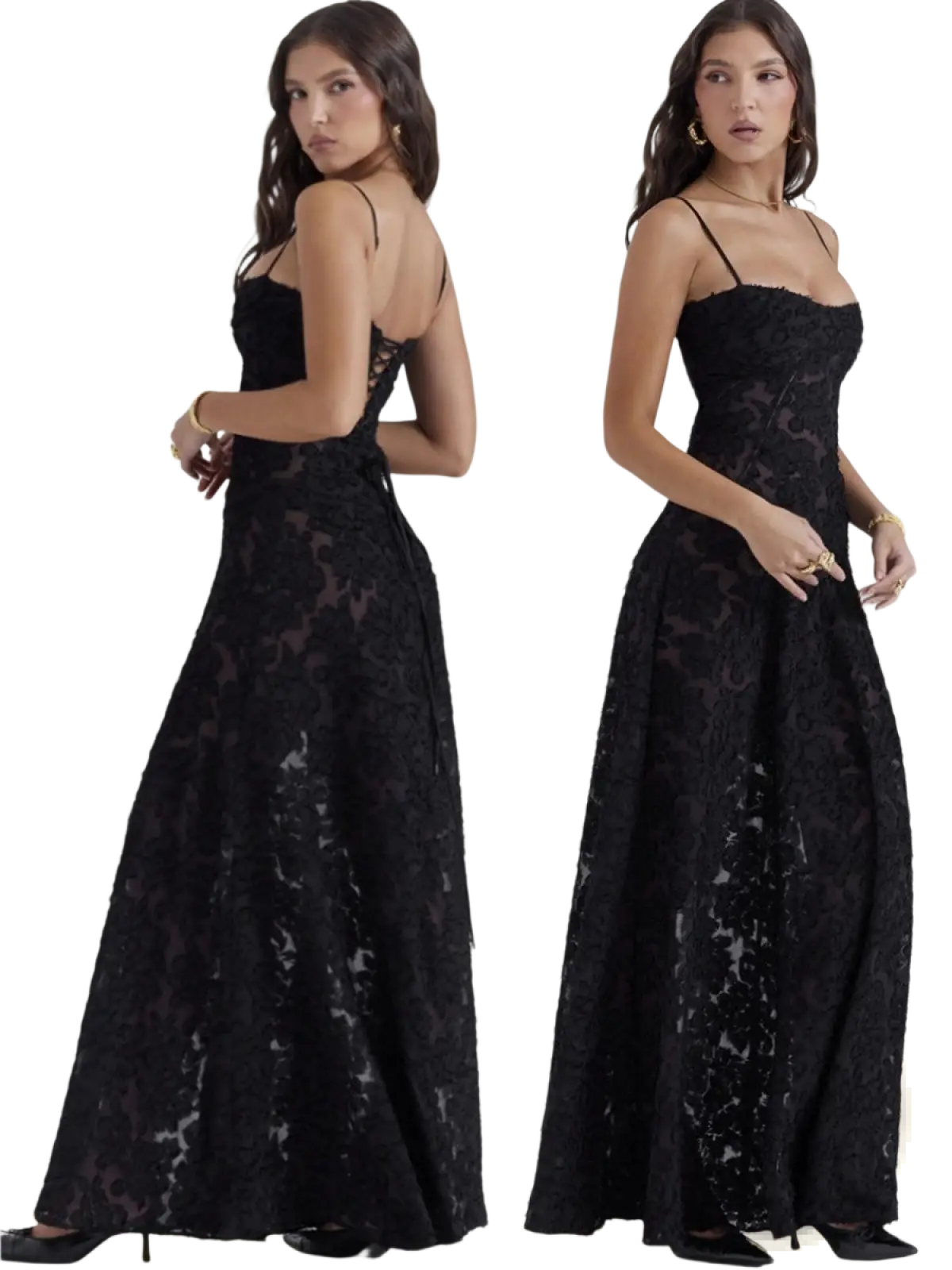 Black lace maxi dress with thin spaghetti straps and fitted bodice featuring elegant lace embroidery